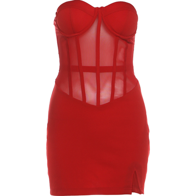 轻纱透视设计开叉修身抹胸连衣裙