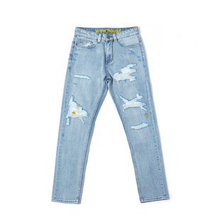 DREW BIEBER潮牌贾斯汀欧阳娜娜同款笑脸刺绣破洞水洗蓝牛仔裤