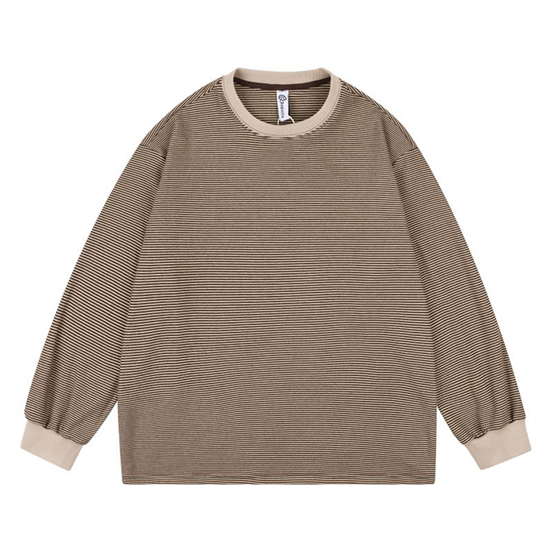 Nobodyknows美式复古基础休闲情侣细条纹圆领长袖T恤男女潮打底衫