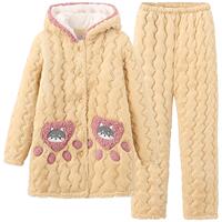 雪俐珊瑚绒睡衣女秋冬季三层夹棉袄加厚加绒保暖家居服法兰绒套装