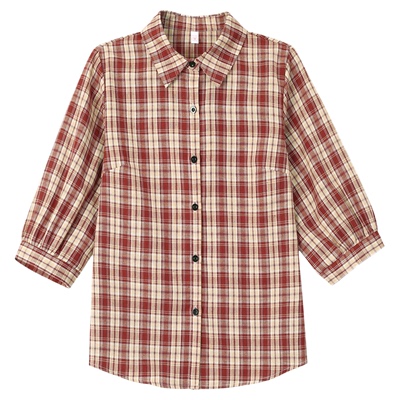 格子衬衫女士七分袖休闲翻领衬衣