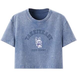 【Honey Kuma联名】乐町夏季新款休闲做旧水洗蓝针织短款T恤