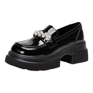 依思q厚底乐福鞋女2026新款春季黑色配裙子一脚蹬玛丽珍鞋小皮鞋