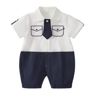 男宝宝夏季哈衣新生儿学院风爬服夏装衣服八个月男婴儿夏款连体衣