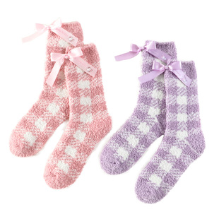 库洛米儿童珊瑚绒袜子秋冬加绒加厚保暖毛绒女睡觉中筒防滑居家袜