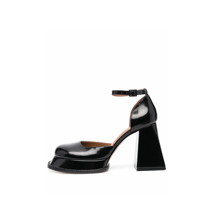 玛丽珍鞋女真皮圆头浅口防水台搭扣中空单鞋粗跟包头凉鞋高跟鞋潮