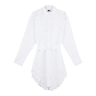 MSGM早春女士白色褶边纯棉收腰长袖衬衫式连衣裙