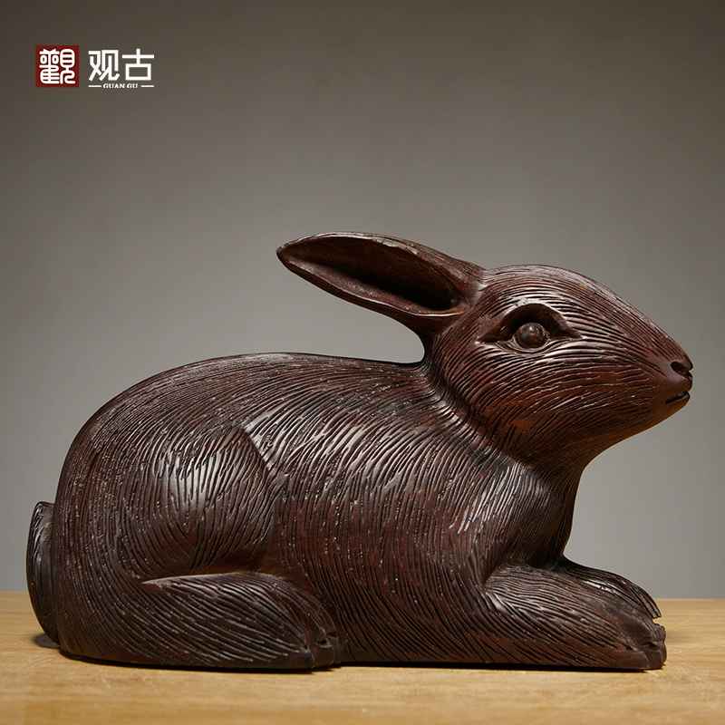 黑檀木雕兔子摆件实木质十二生肖动物一对兔子家居装饰红木工艺品