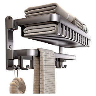 枪灰毛巾架卫生间置物架一体免打孔浴室厕所太空铝折叠网篮浴巾架