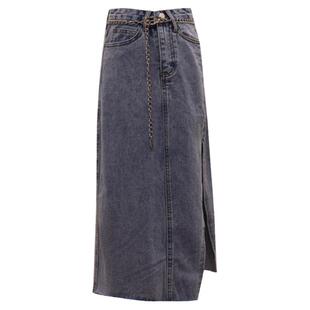 复古高腰显瘦牛仔半身裙新款爆款2024侧开叉中长款设计感a字裙子