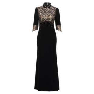 多丽琦宴会名媛高级质感丝绒礼服女演出走秀黑色长款主持人连衣裙