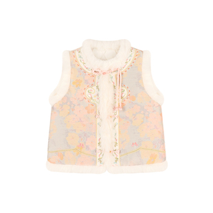 Amybaby女童套装冬季2025新款新中式国风绣花毛边马甲粉色半身裙