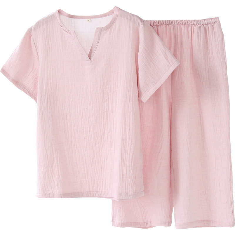 夏季女士薄款睡衣V领套头短袖短裤两件套全棉绉布纱布纯色家居服