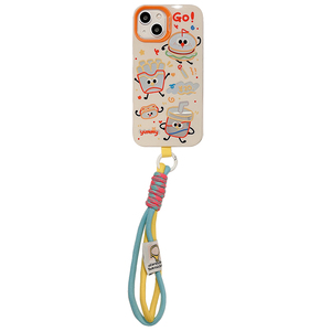 启乾 可爱汉堡薯条手腕带iPhone15手机壳适用苹果14/13promax硬壳12/11可拎链条挂绳趣味涂鸦线条卡通新款女