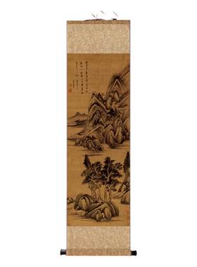 无边卷轴挂画丝绸装饰字画仿古明代字画听琴品茶图唐伯虎文征明字