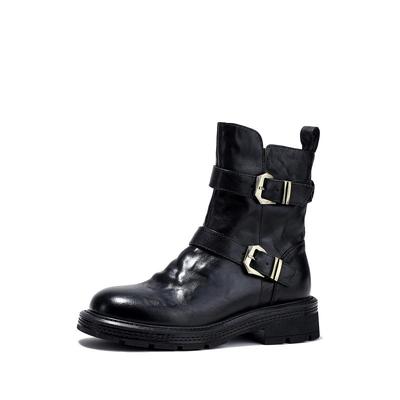 BellaLily秋冬新款气质时装靴复古牛皮中筒靴女百搭潮流靴子