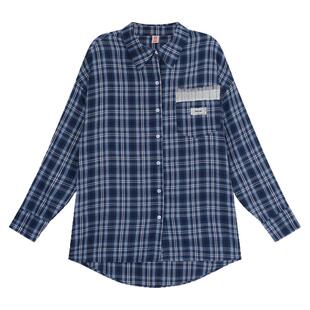 YUZI鱼子印花蓝色格衬衫大码女装微胖mm显瘦遮肉200斤俏皮可爱