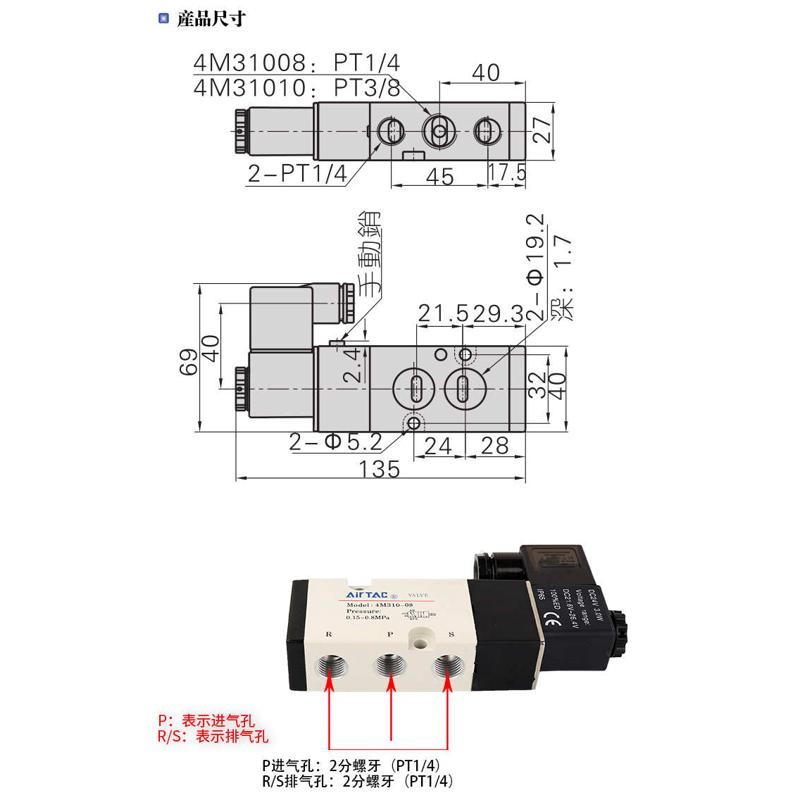 标准尺寸4M310一08板式/4M31008B/220V/24V/110V二位五通电磁阀