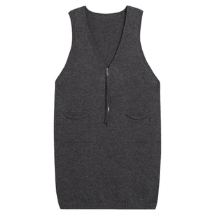 恒源祥V领针织马甲裙女中长款口袋无袖背心裙宽松拉链外穿打底衫