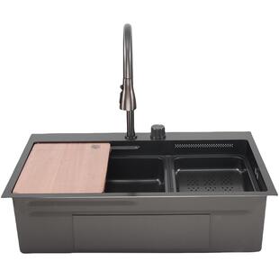 潜水艇瀑布水槽304不锈钢手工槽厨房洗菜盆枪灰大单槽SGP-SD7546B