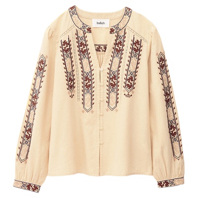 bash2026新款春季波西米亚复古风香草黄法式刺绣衬衫上衣1E26FAUS