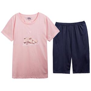 美标夏新款情侣针织纯棉短袖睡衣套装薄款可外穿男女家居服
