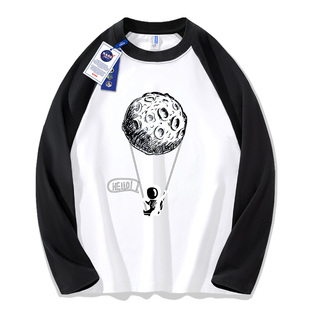 NASA联名日系纯棉插肩长袖T恤男女款春秋季圆领宽松撞色外套上衣