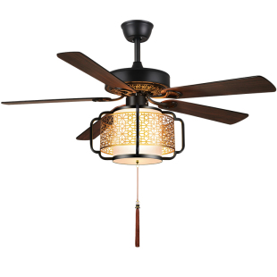 中式吊扇灯木叶风扇灯家用电扇吊灯餐厅客厅茶室复古传统灯扇一体