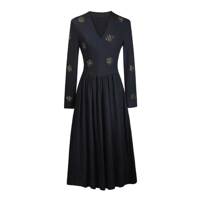 2025秋法式烫钻V领长袖a字连衣裙女黑色显瘦气质中长裙时尚晚宴风