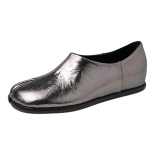 3.5cm内增高分趾英伦风小皮鞋女真皮复古平底鞋银色懒人百搭单鞋