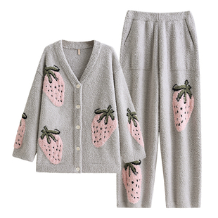 家乐芬睡衣女秋冬款冬季半边绒加绒加厚保暖珊瑚绒家居服草莓套装