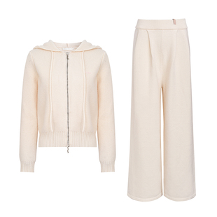 Kroche  慵懒法式 羊毛混纺 刺绣双拉链保暖针织外套长裤套装