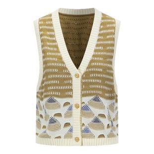 DTLANDO早春上新女装提花V领纽扣短款设计师品牌针织马甲百搭外套