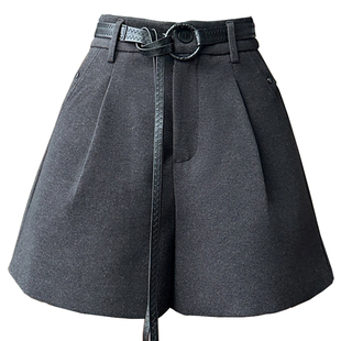 高腰毛呢短裤女秋冬阔腿简约休闲裤外穿打底靴裤呢子短裤子配腰带