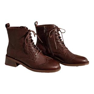 KISSCAT接吻猫[黑胶唱片]马丁靴复古粗跟水洗布洛克牛皮时装靴女