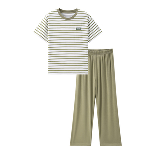 冰丝莫代尔学生睡衣初中生春夏条纹短袖长裤宽松透气空调服套装
