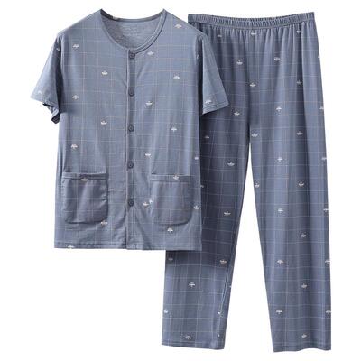 睡衣男夏季纯棉短袖长裤薄款套装