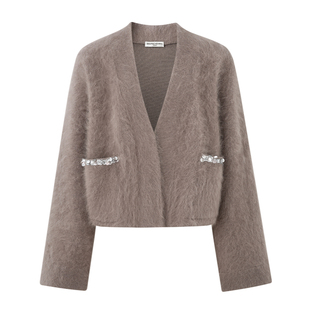 DIANAVEVINA冬季新款极简风亮片钉珠毛衣女V领宽松针织开衫