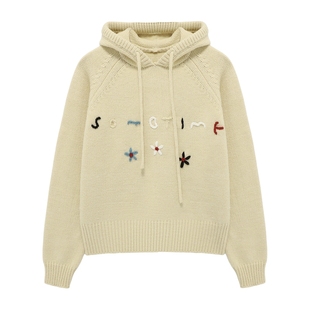 Basic House/百家好慵懒风连帽抽绳短款毛衣新款软糯立体花朵上衣