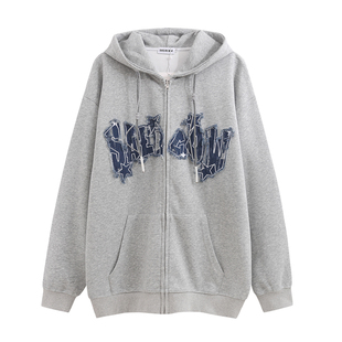 秋冬新款美式牛仔贴布星星连帽卫衣男潮牌宽松加绒拉链开衫外套女