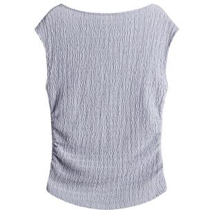 HM女装T恤夏季轻柔垂坠纹理感一字领修身盖袖上衣1283661