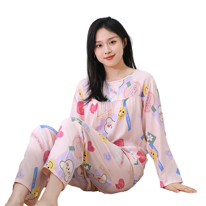 棉绸母女装睡衣长袖薄款少女夏季