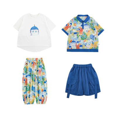 幼悠男童夏季新款油画衬衫白色短袖t恤宽松工装短裤度假系列套装