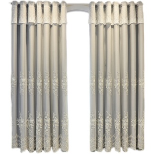 北欧加厚布料绣花窗帘纯色全遮光落地帘客厅卧室阳台飘窗布纱一体