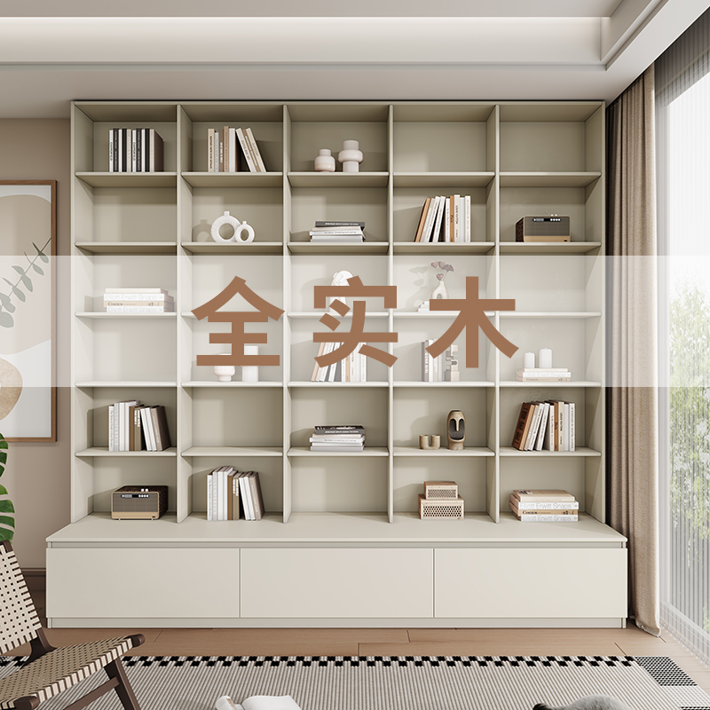 橡木定制书房满墙卡座一体书柜书架客厅到顶全实木摆件电视展示柜