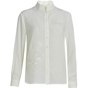 qs秸熙春秋新款复古改良新中式立领白色衬衫国风绣花显瘦宽松上衣