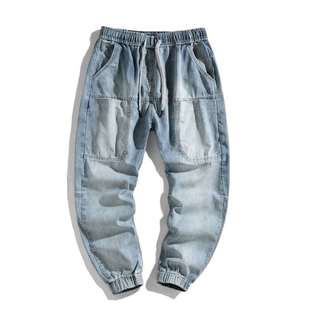 潮牌韩版束脚牛仔裤男士哈伦秋季休闲九分小脚裤宽松收口潮流裤子