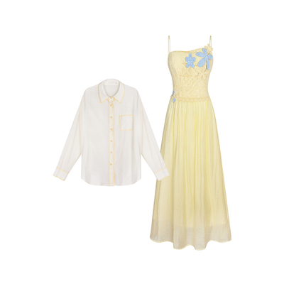 安妮不火 金盏铃兰温柔钩编花拼接吊带裙女夏季新款微胖大码长裙