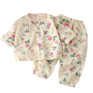 儿童春装男女童双层纯棉纱布睡衣夏季天薄款宝宝家居服灯笼裤套装