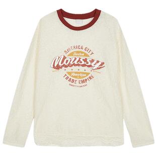 MOUSSY2026春季新品美式甜酷风蕾丝拼接印花长袖T恤028JSA90-1033